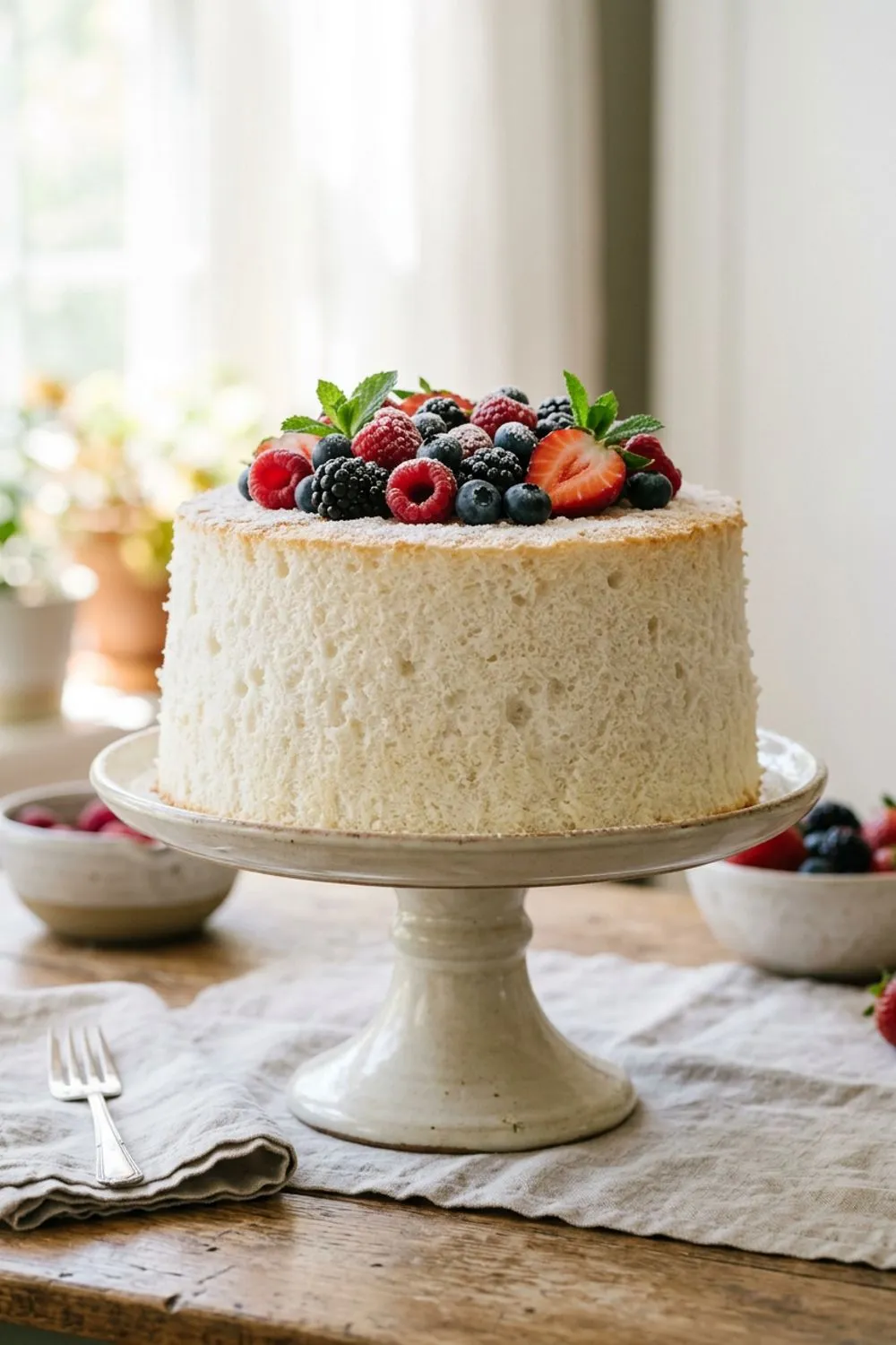 Tall angel food cake on a white plate dusted with powdered sugar and surrounded by fresh strawberries