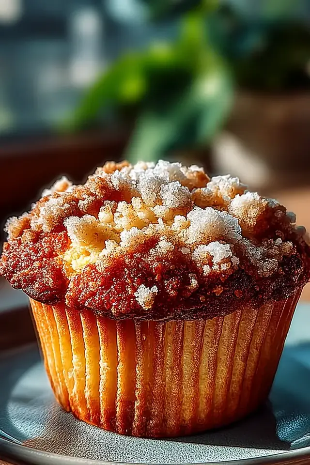 Close-up side view of a warm apple butter streusel muffin with crumbly streusel topping and tender crumb visible in natural window light