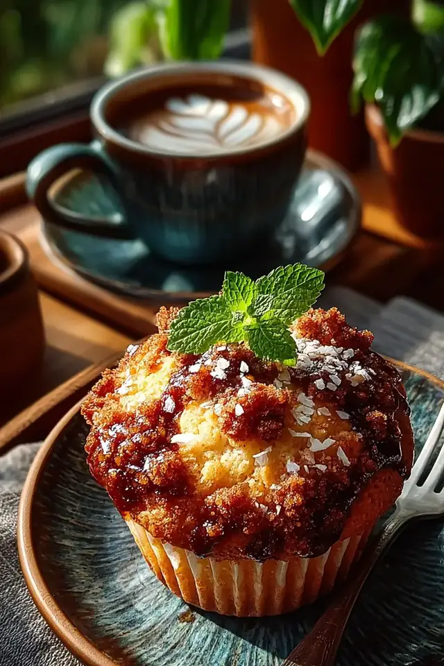 Overhead view of three apple butter streusel muffins on a white plate with one muffin broken in half showing the moist apple butter interior