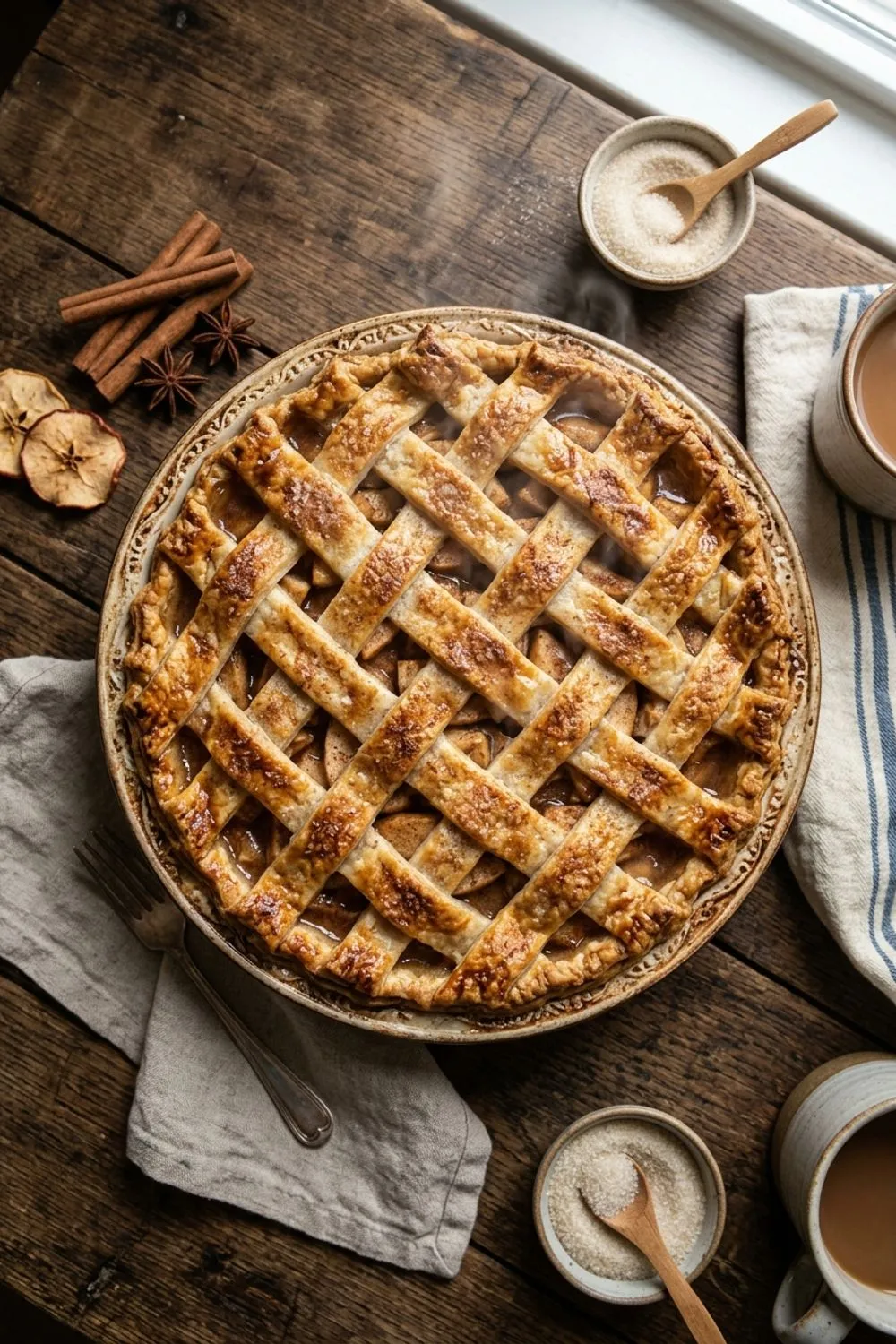 Golden-brown classic apple pie with lattice top crust on a rustic wooden surface