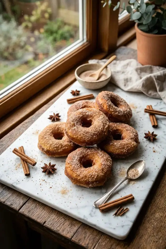 Golden brown baked cinnamon sugar donuts arranged on a white plate, generously coated in sparkling cinnamon sugar with a coffee cup in the background
