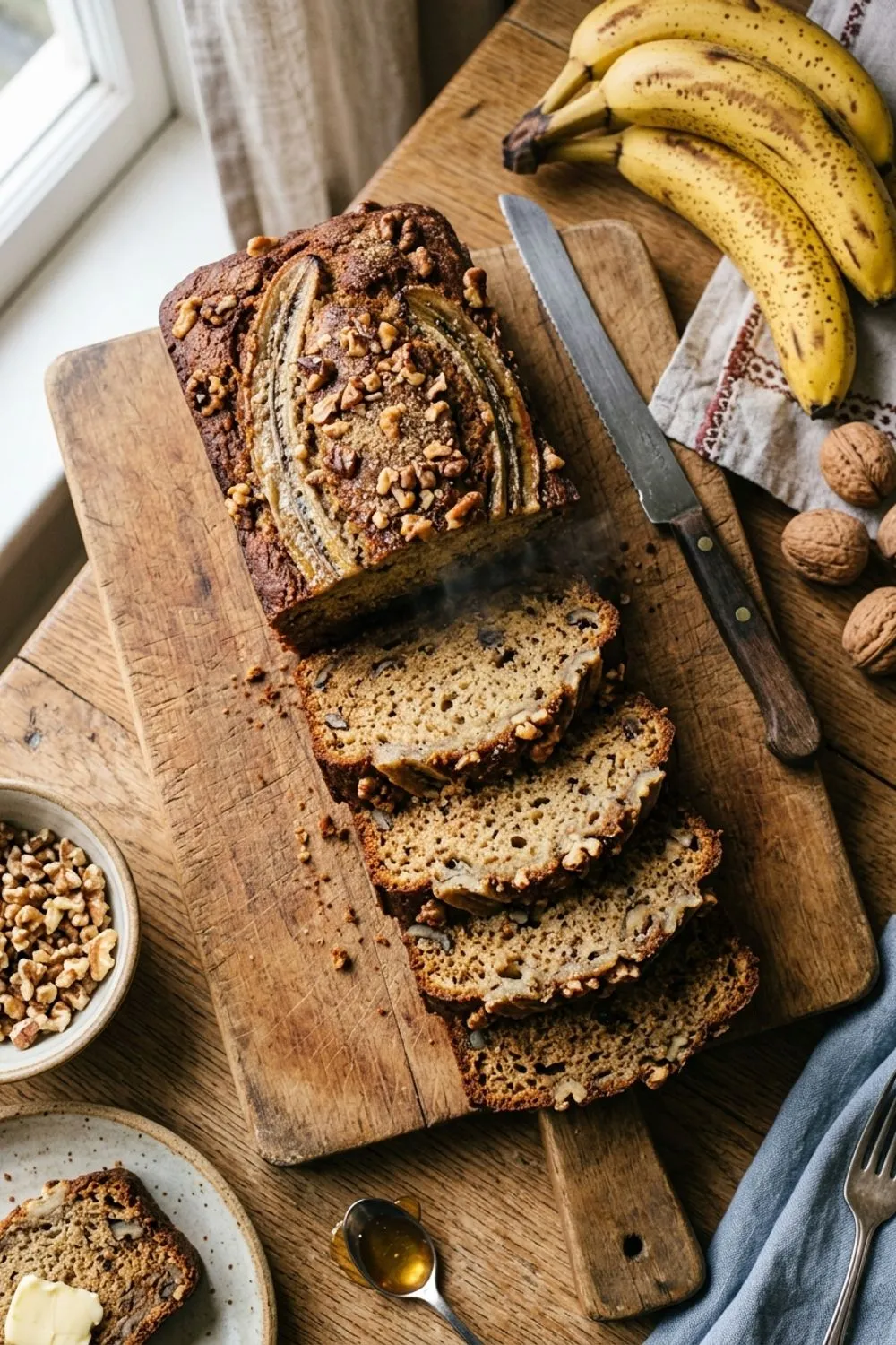 Sliced banana bread on a wooden cutting board with ripe bananas in the background