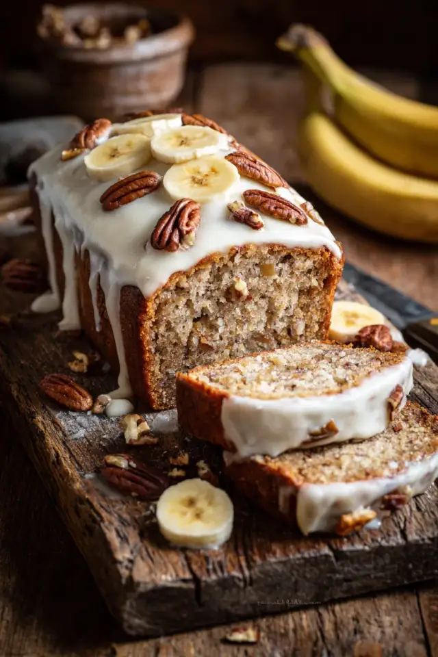 Two-layer banana cake with banana frosting, topped with banana slices, on a white cake stand