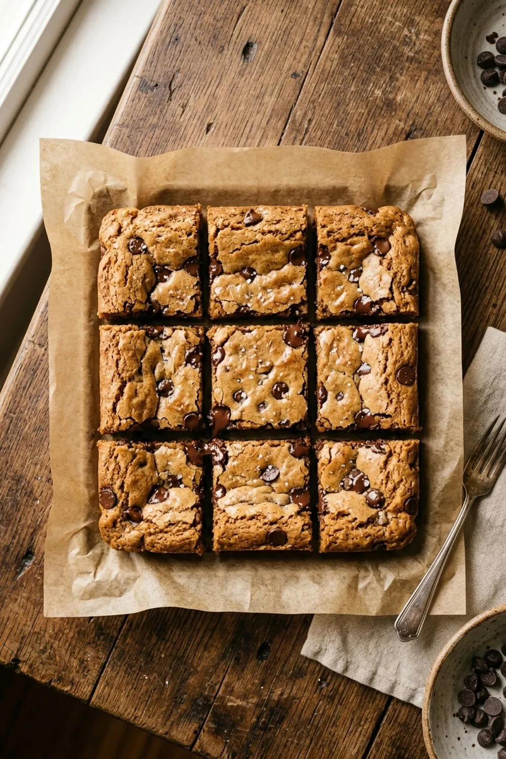 Golden brown blondies with chocolate chips cut into squares on parchment paper