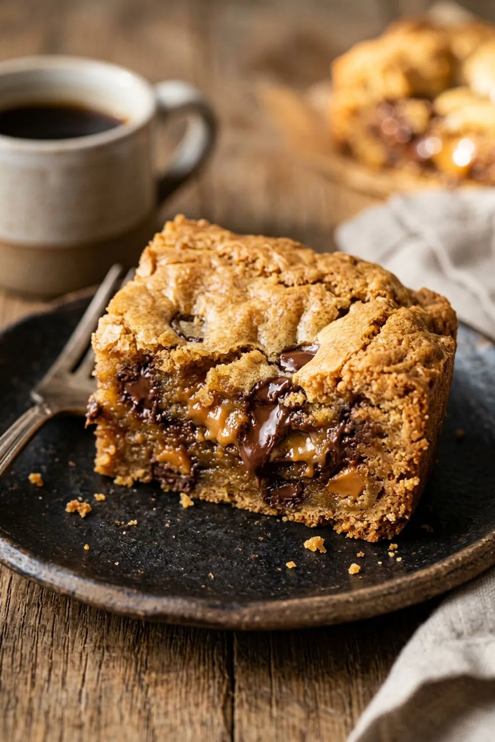 Close-up of a blondie broken in half showing the chewy, golden interior with melted chocolate chips