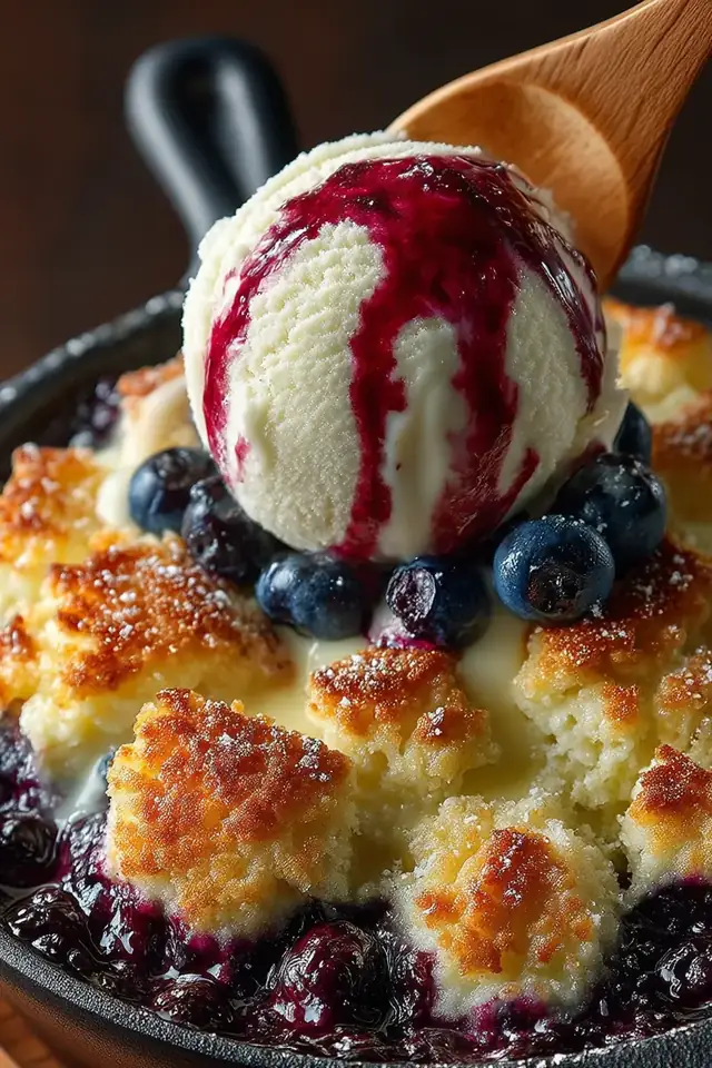 Warm blueberry cobbler in a baking dish with golden biscuit topping and melting vanilla ice cream on top, close-up side view showing berry filling bubbling at edges