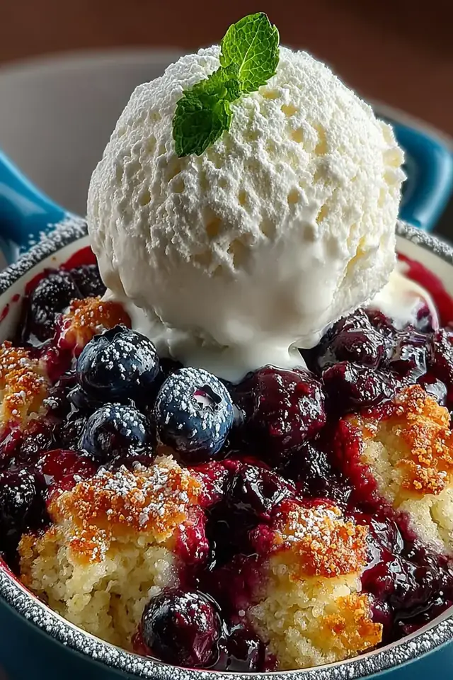 Overhead shot of blueberry cobbler in white ceramic dish with a spoon lifting a biscuit portion, revealing juicy blueberry filling underneath, ice cream scoop nearby