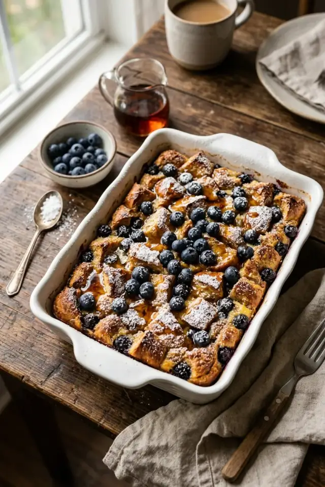 Golden brown blueberry French toast casserole with streusel topping in white baking dish, garnished with fresh blueberries and powdered sugar