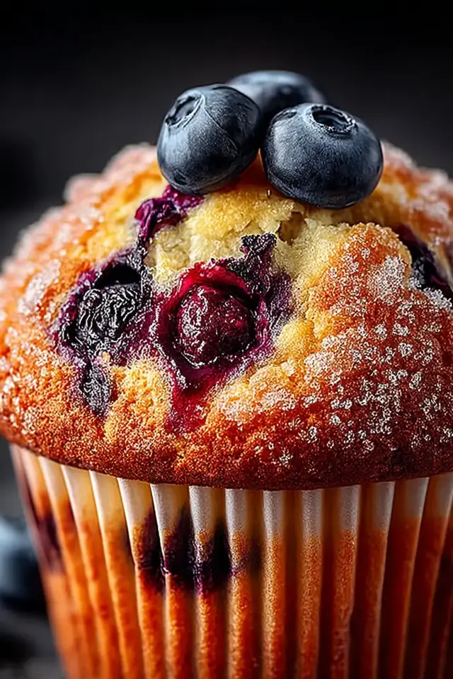 Close-up of a warm blueberry muffin with burst berries, peeled paper liner, golden-brown top with crumb texture