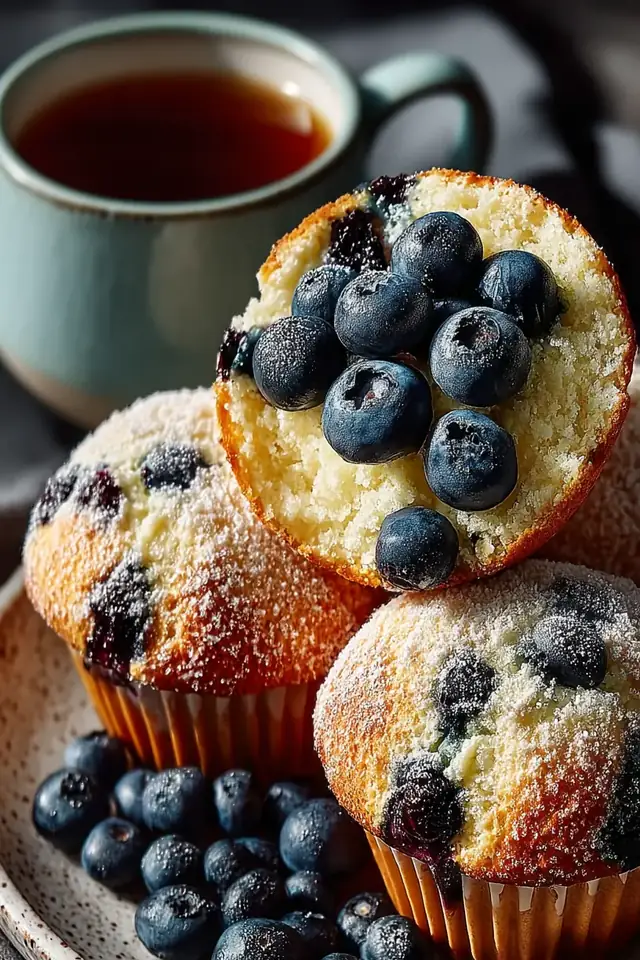 Overhead view of three blueberry muffins on a white plate, one broken open to show tender crumb and juicy berries inside