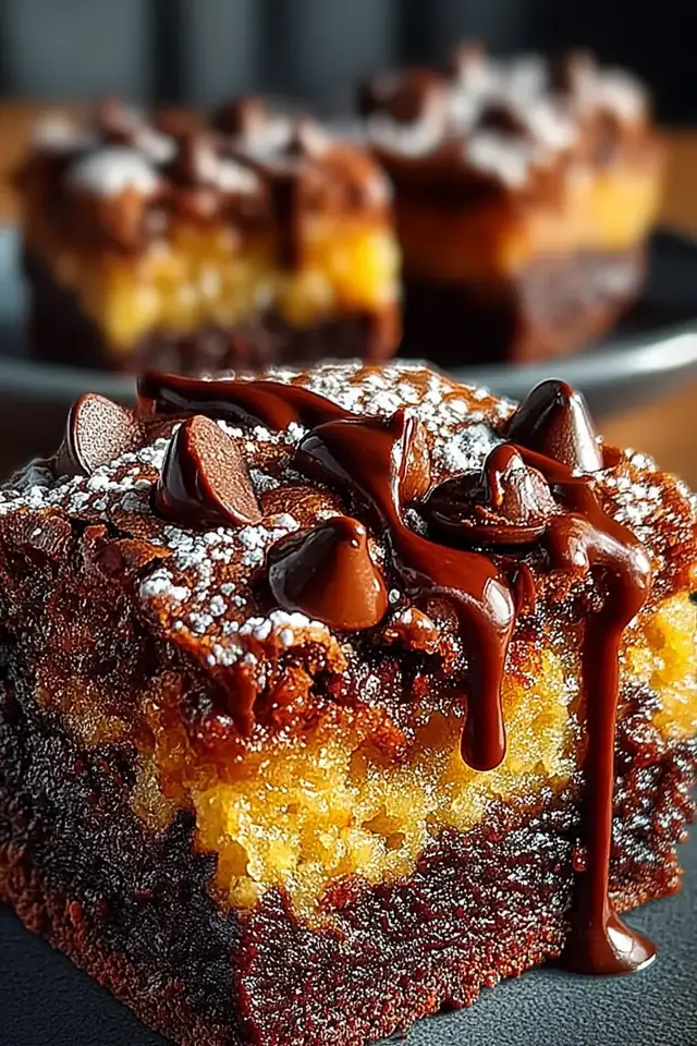 Close-up side view of a brookie bar showing layers of fudgy brownie base and chewy cookie top with melted chocolate chips