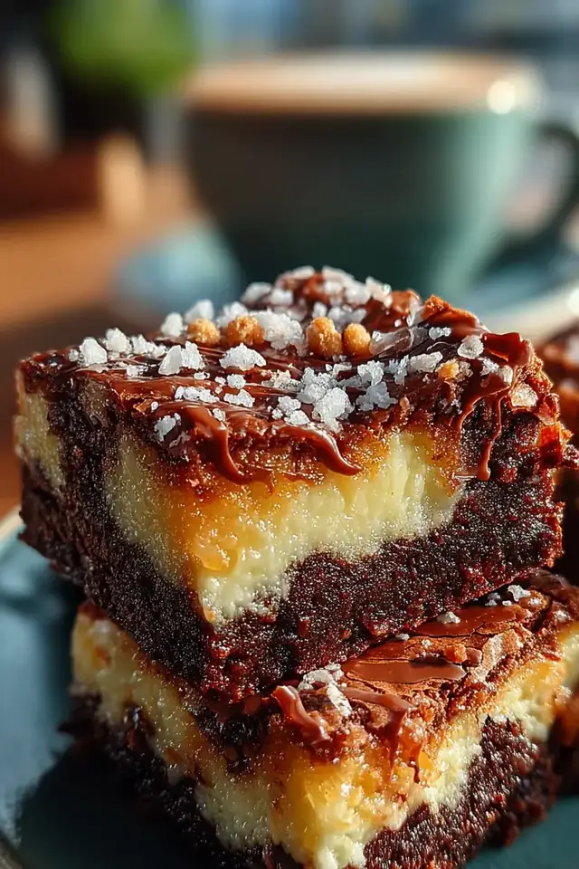 Overhead flat lay of brookie bars on a cooling rack with one square pulled away to show the distinct brownie and cookie layers