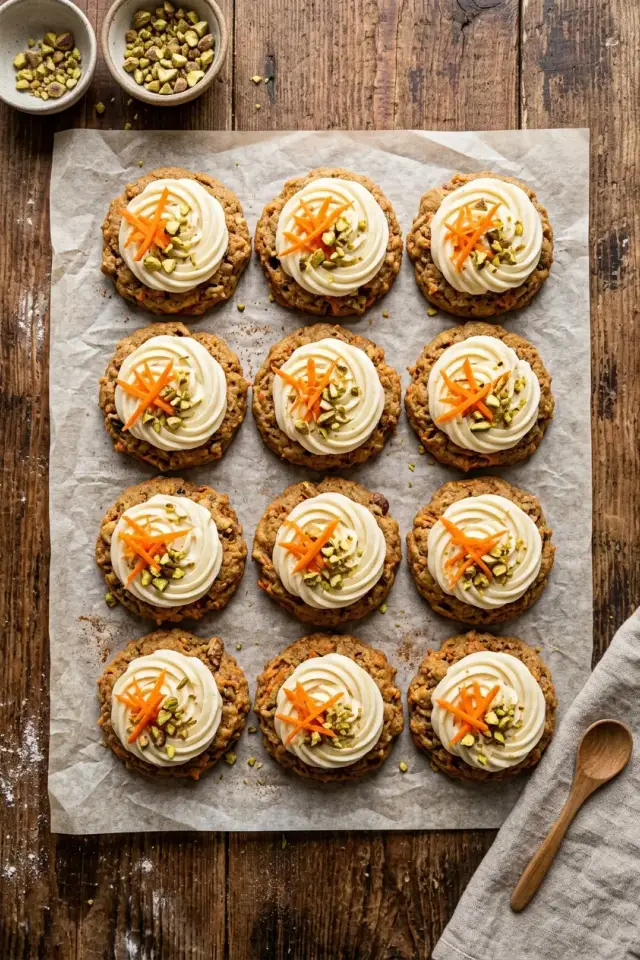 Soft brown butter carrot cake cookies topped with creamy cream cheese frosting, stacked on a white plate with fresh carrots in the background