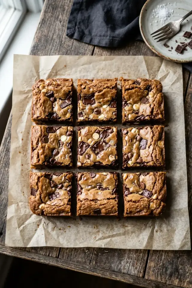 Stack of thick, fudgy brown butter triple chocolate blondies with visible chocolate chips on a white plate