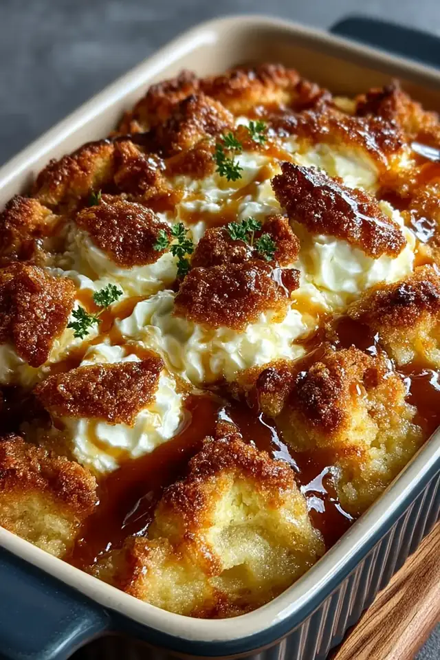 Overhead view of caramel apple dump cake in a baking dish showing layers of cinnamon apples, gooey caramel, and crumbly buttery topping