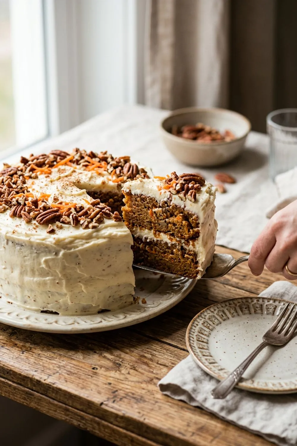Two-layer carrot cake with cream cheese frosting decorated with chopped pecans on a cake stand