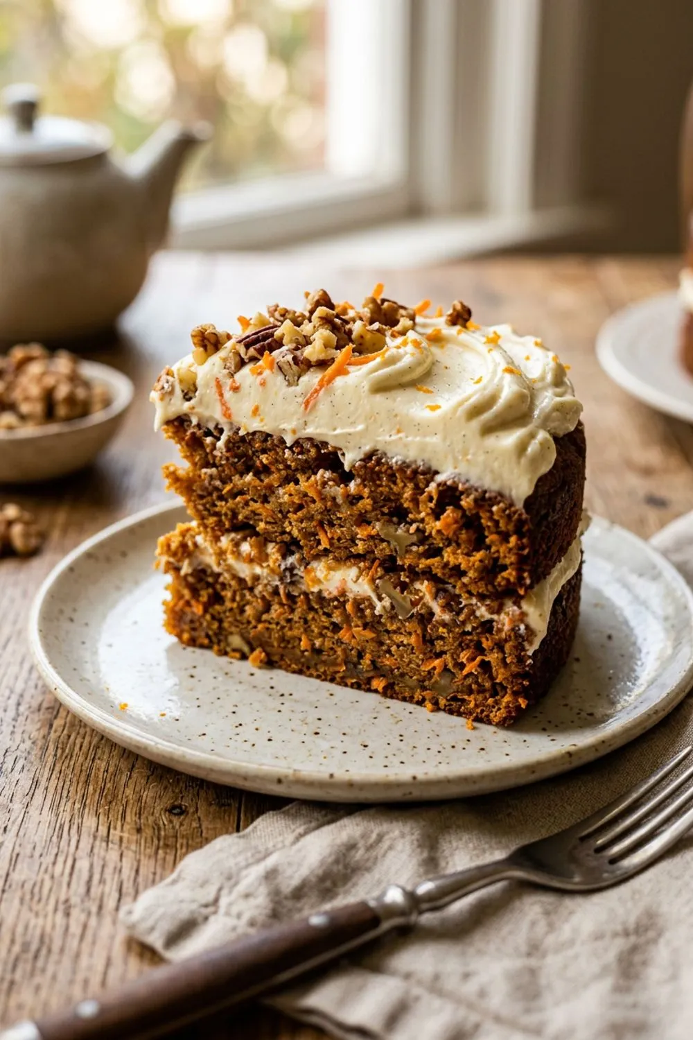 Carrot cake batter with grated carrots and pecans in a mixing bowl