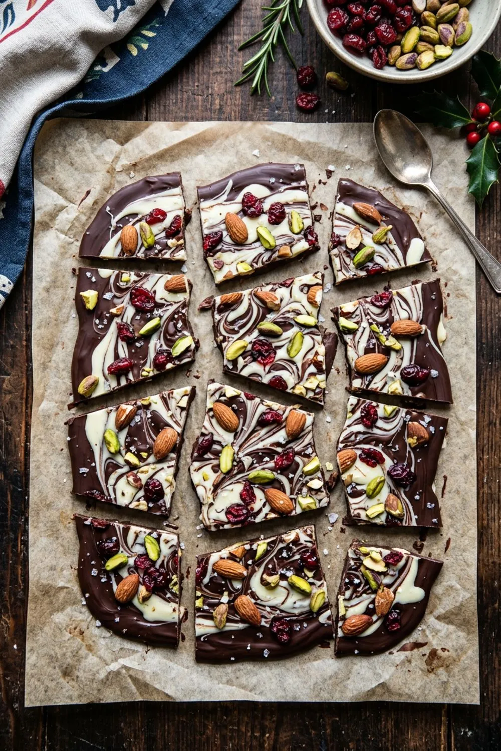 Broken pieces of dark and white chocolate bark with nuts and dried cranberries