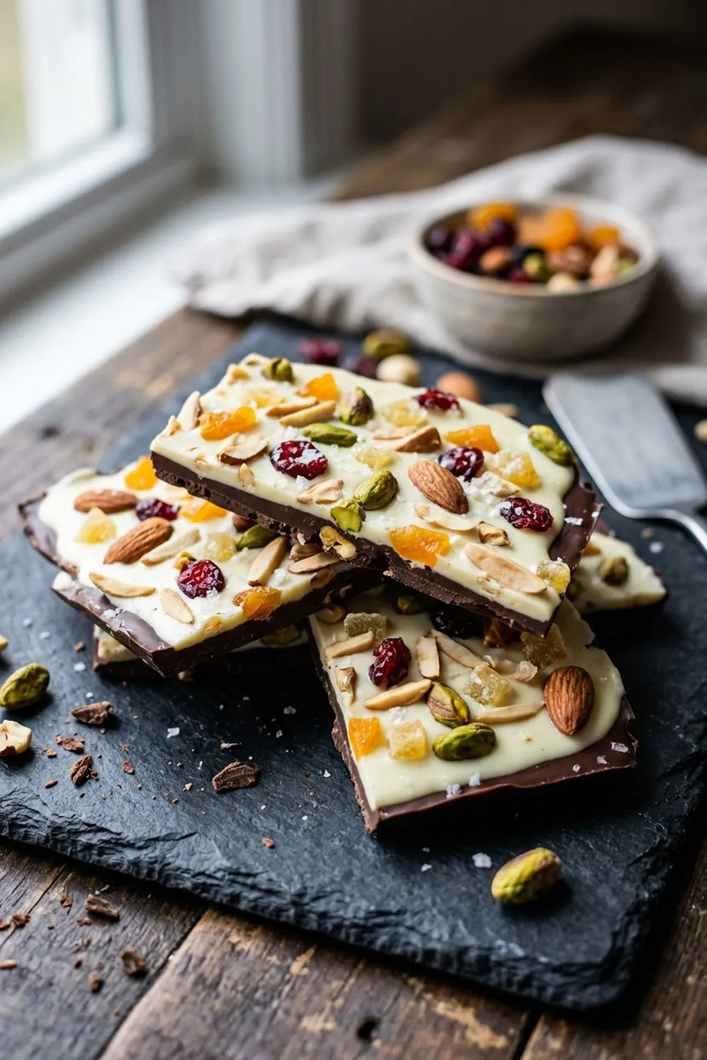 Melted white chocolate being swirled into a dark chocolate base layer on parchment