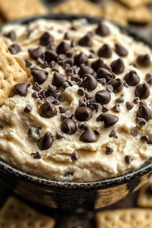 Close-up of creamy chocolate chip cookie dough dip in a white bowl with graham crackers and chocolate chips scattered around, natural lighting