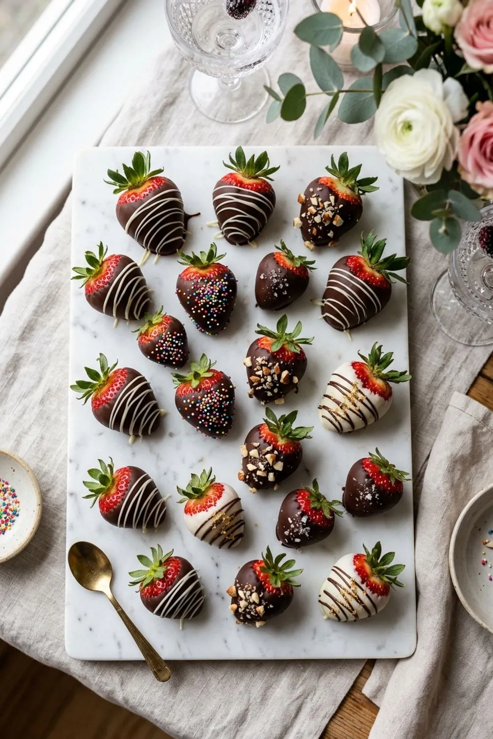 Chocolate covered strawberries with white chocolate drizzle arranged on a platter
