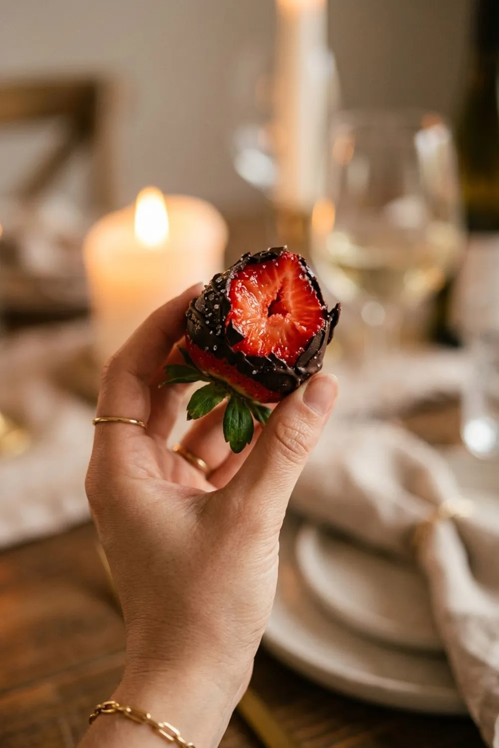 Freshly dipped chocolate covered strawberries being decorated with white chocolate drizzle