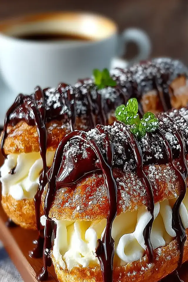 Close-up side view of glossy chocolate eclairs with creamy filling visible in the cut, displayed on parchment paper