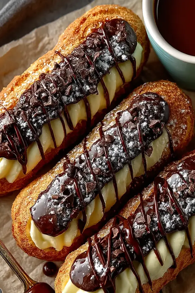 Overhead flat lay of chocolate eclairs arranged on a white plate with a small bowl of chocolate glaze nearby