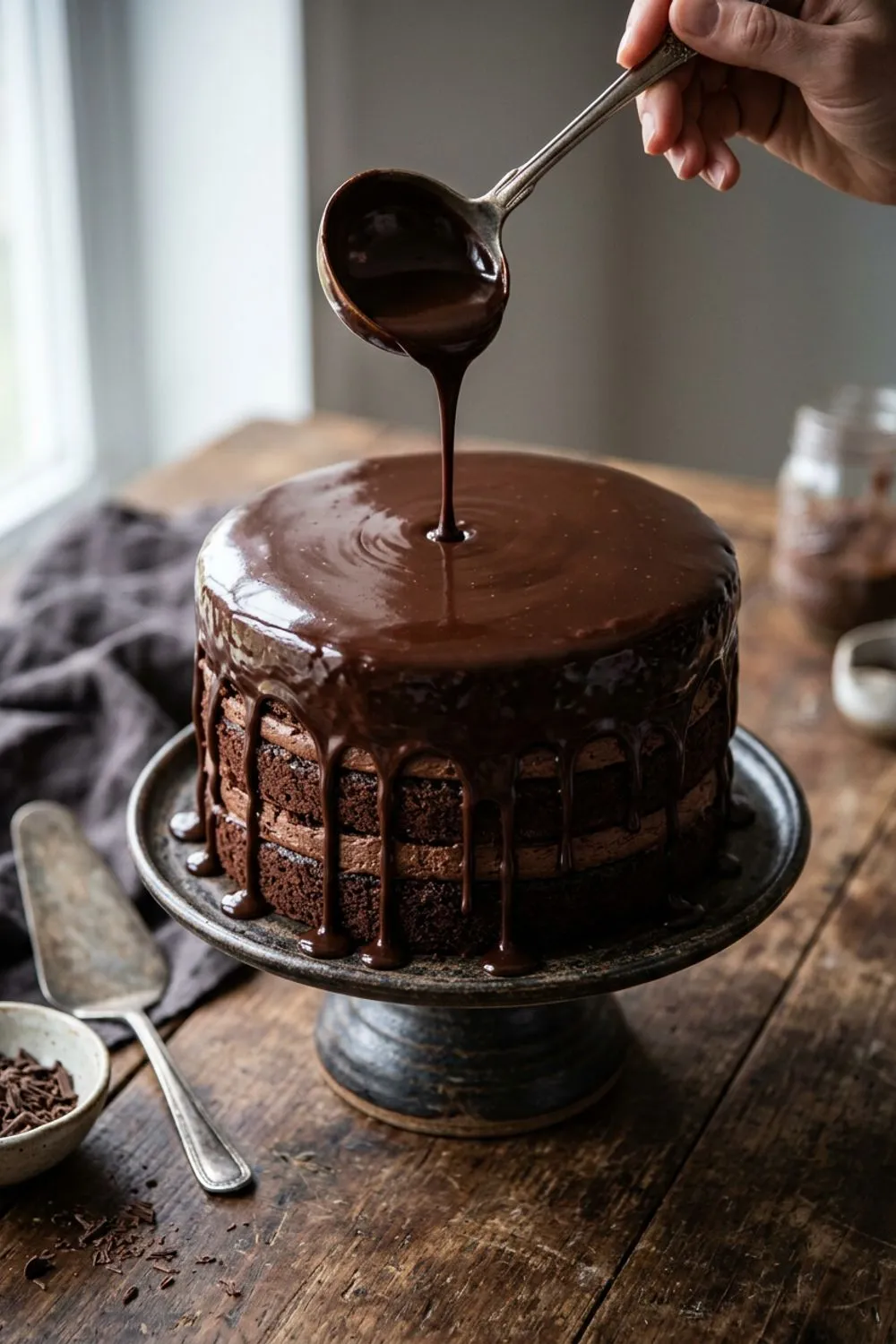 Glossy dark chocolate ganache being poured over a cake