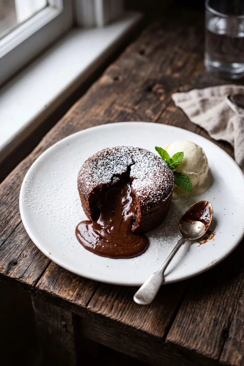 Chocolate lava cake on a white plate with molten chocolate center flowing out, dusted with powdered sugar