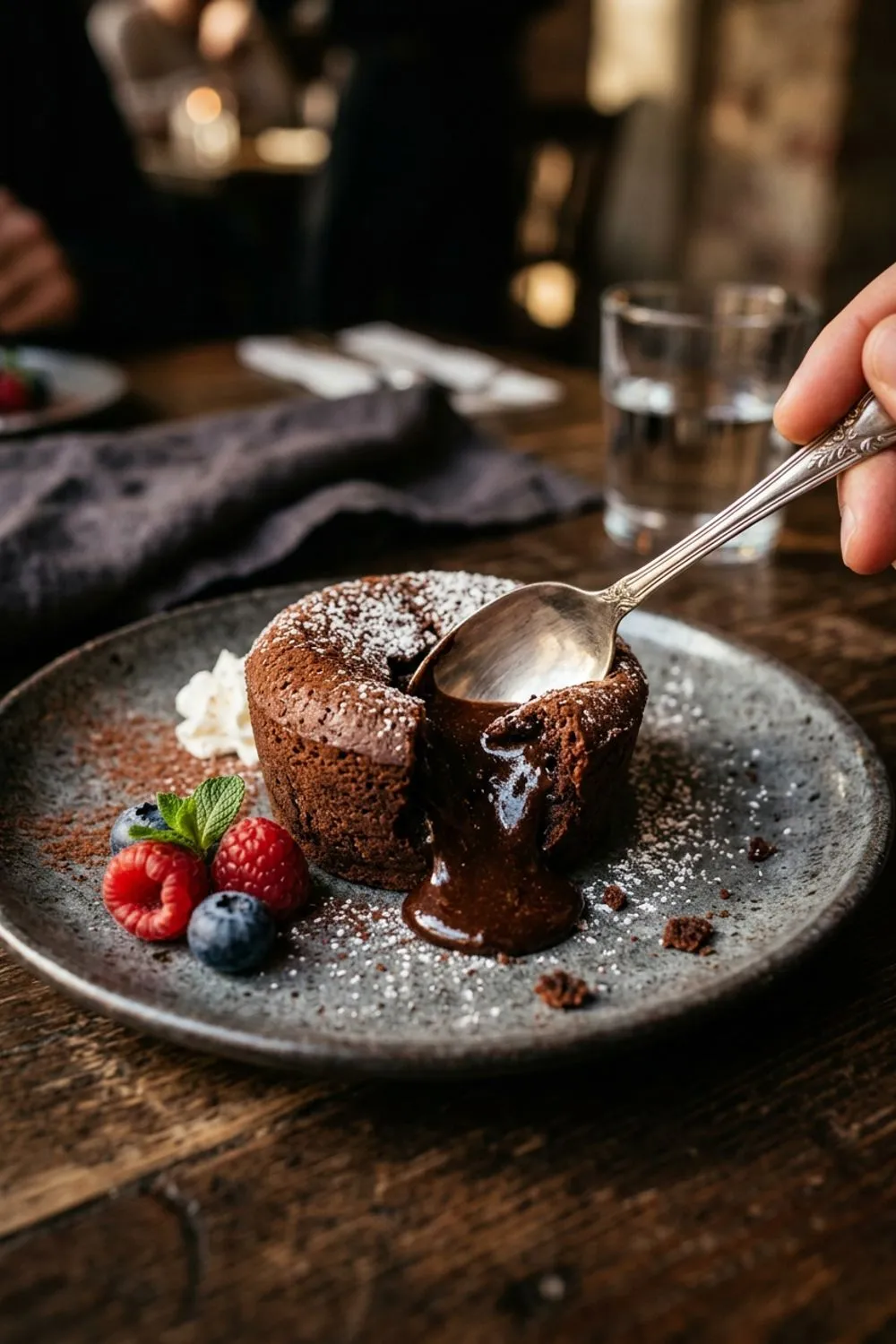 Chocolate lava cake being cut open with a spoon, molten chocolate oozing out