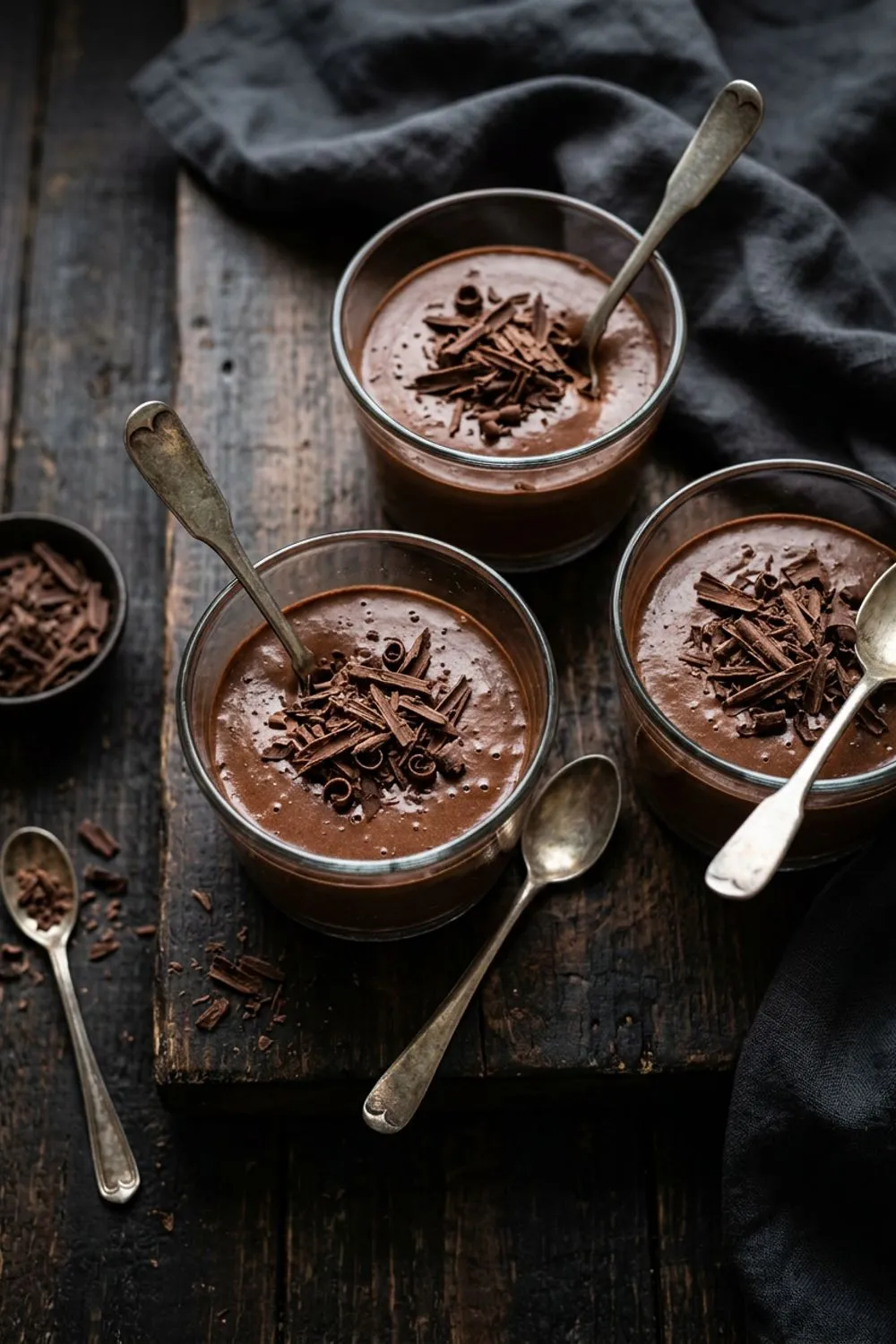 French chocolate mousse served in glass ramekins topped with whipped cream and chocolate shavings
