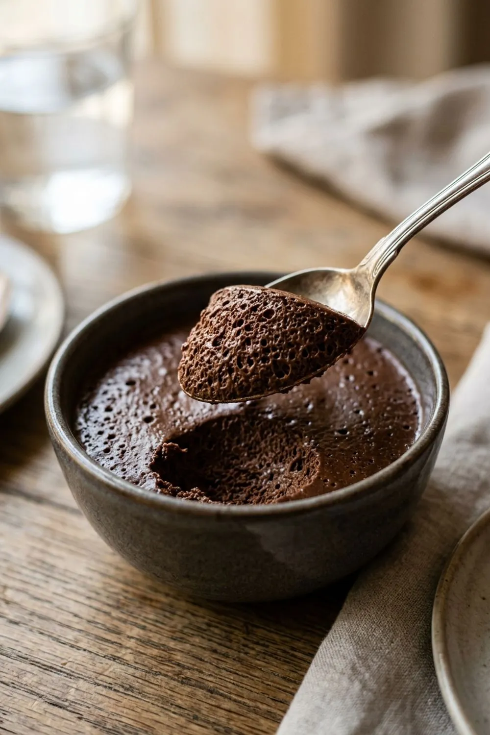 Chocolate mousse being folded with a spatula showing the light, airy texture