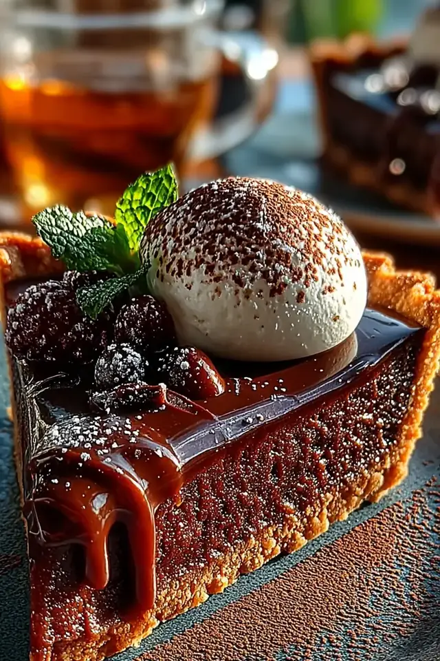 Slice of rich chocolate tart with glossy ganache filling and cocoa crust on a white plate, dusted with cocoa powder
