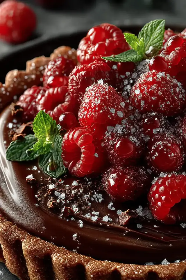 Overhead view of whole chocolate tart in fluted tart pan, showing the dark silky ganache filling and fresh raspberries arranged on top