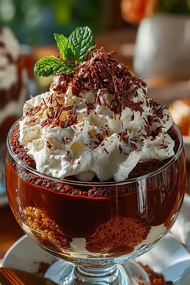 Close-up side view of a layered chocolate trifle in a glass bowl showing distinct layers of chocolate cake, pudding, and whipped cream topped with chocolate shavings