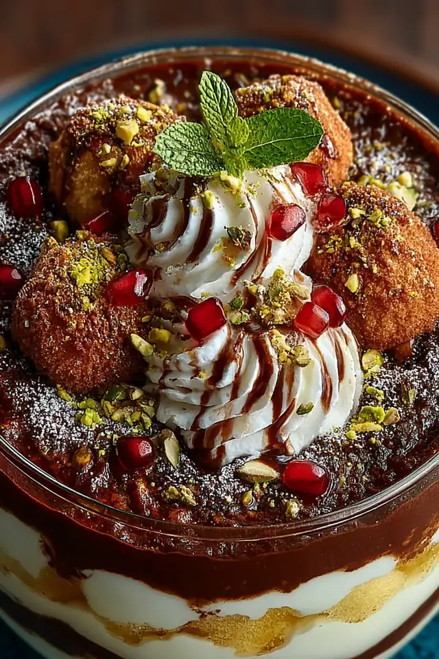 Overhead view of a served chocolate trifle portion on a white plate with a spoon, revealing the beautiful layered texture of cake and pudding