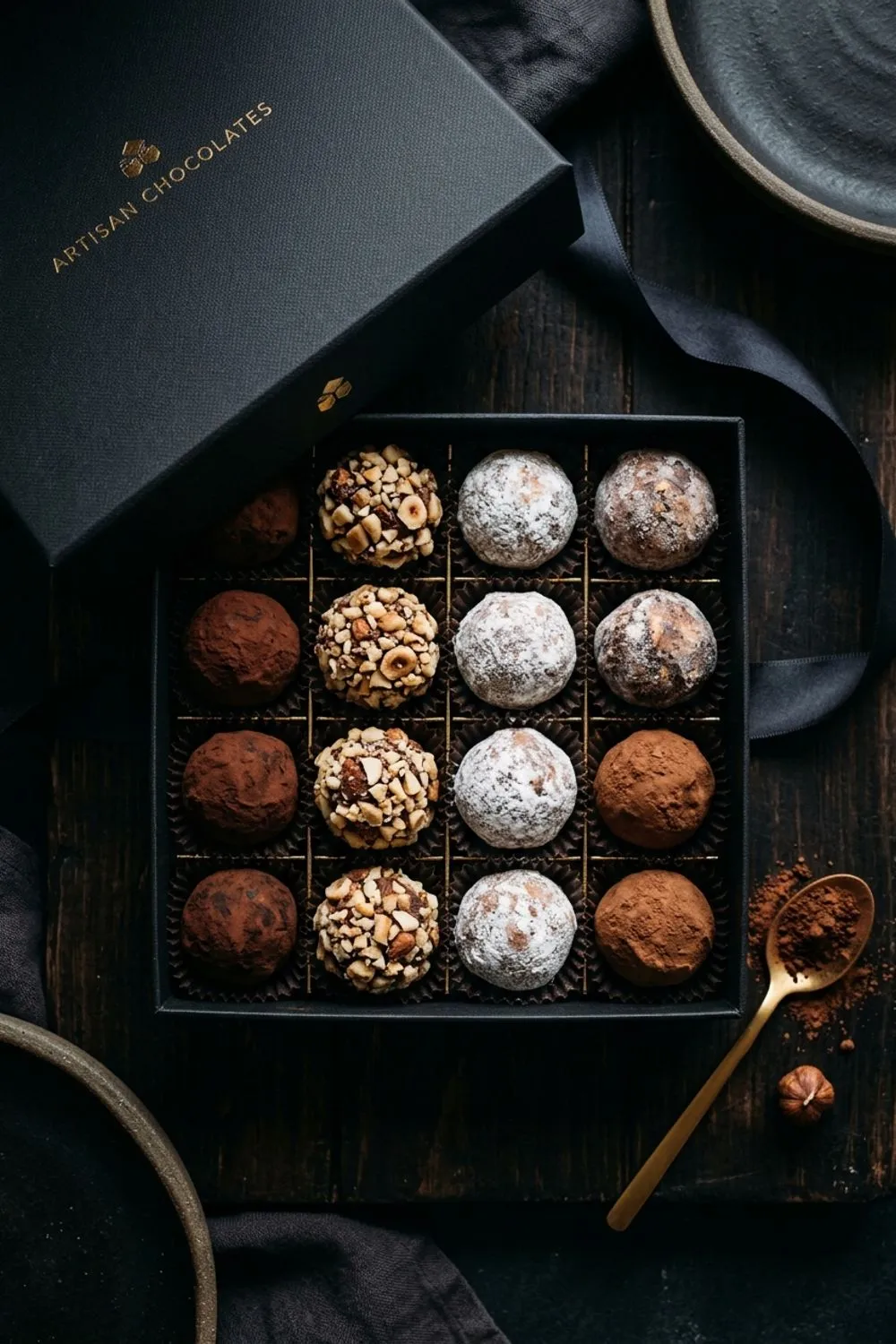 Assorted homemade chocolate truffles dusted in cocoa powder arranged on a dark slate board