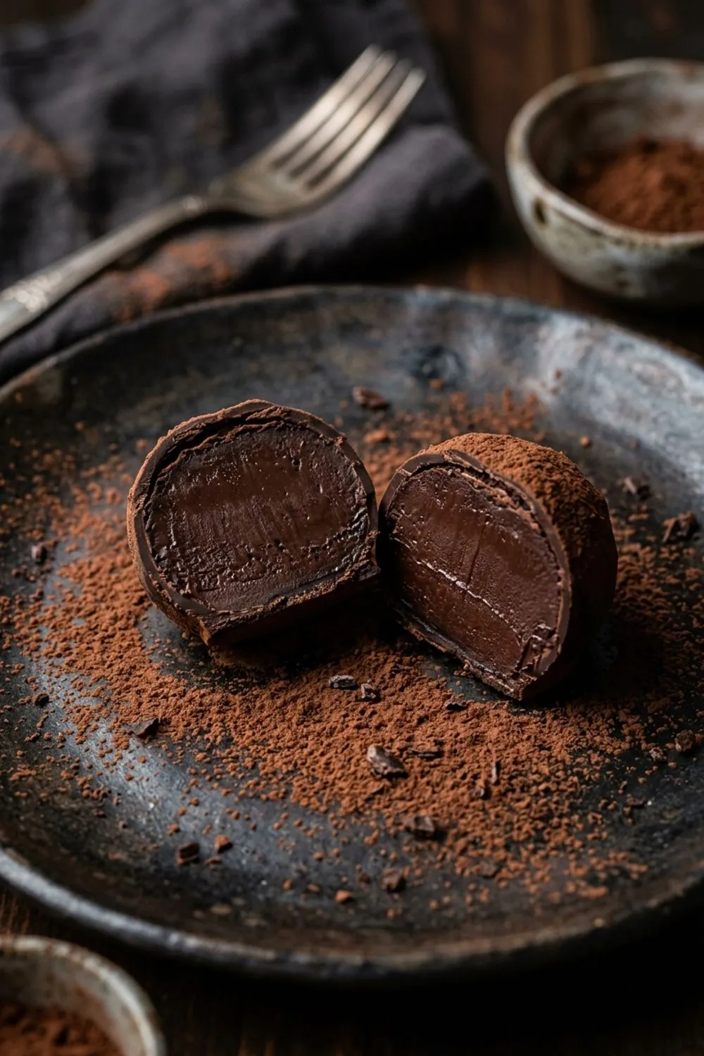 Ganache being scooped into portions for truffle rolling on a parchment-lined tray