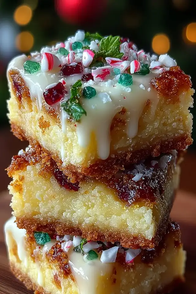 Close-up overhead view of stacked Christmas cookie bars with white chocolate topping, red and green candies, and crushed candy cane pieces