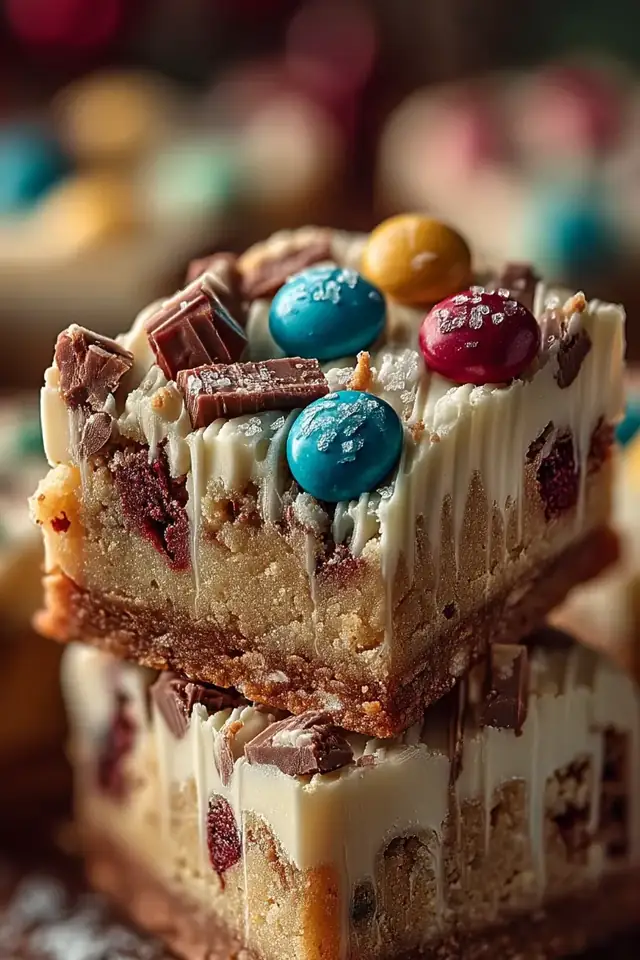 Single slice of Christmas cookie bar showing buttery sugar cookie base and creamy white chocolate layer with festive toppings