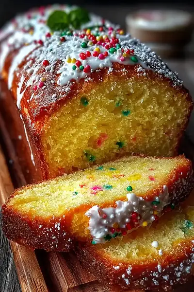 Sliced Christmas Funfetti bread showing colorful sprinkles throughout the tender crumb, displayed on a wooden board with festive holiday napkins