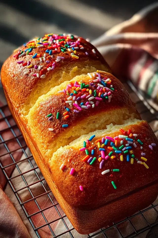 Overhead view of a whole loaf of Christmas Funfetti bread on cooling rack with rainbow sprinkles visible on top and sides
