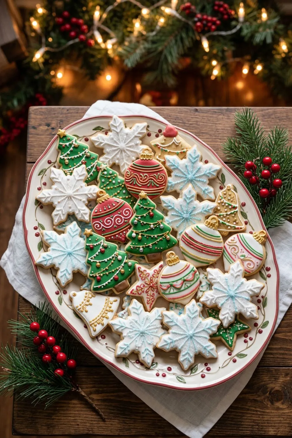 Beautifully decorated Christmas sugar cookies in festive shapes with colorful royal icing