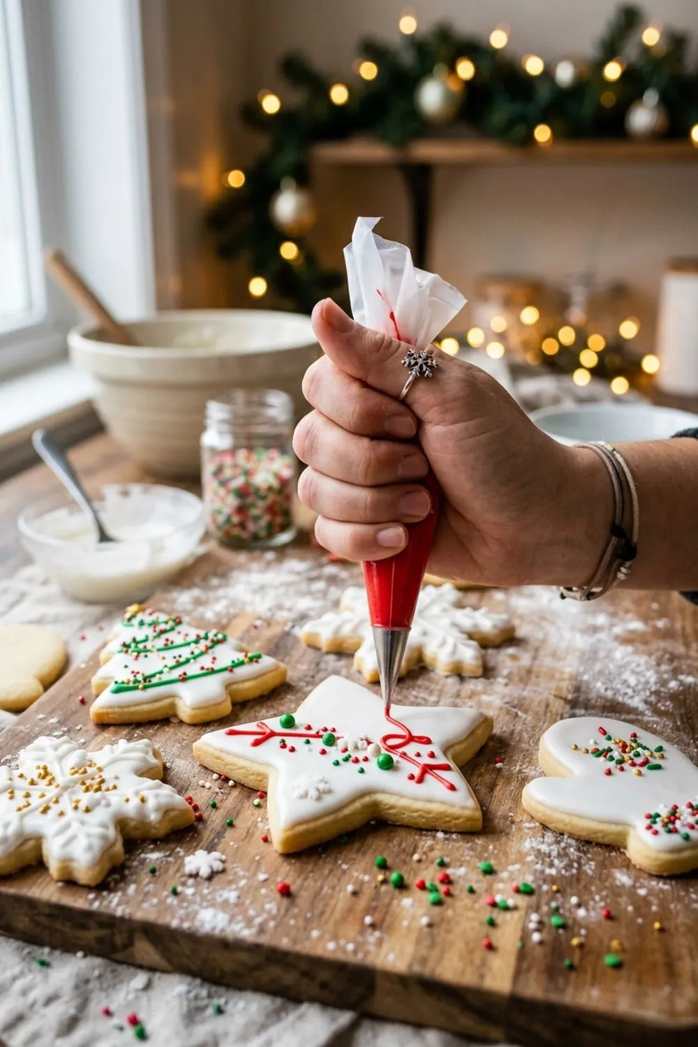 Christmas sugar cookie dough cut into festive shapes on a floured surface with cookie cutters