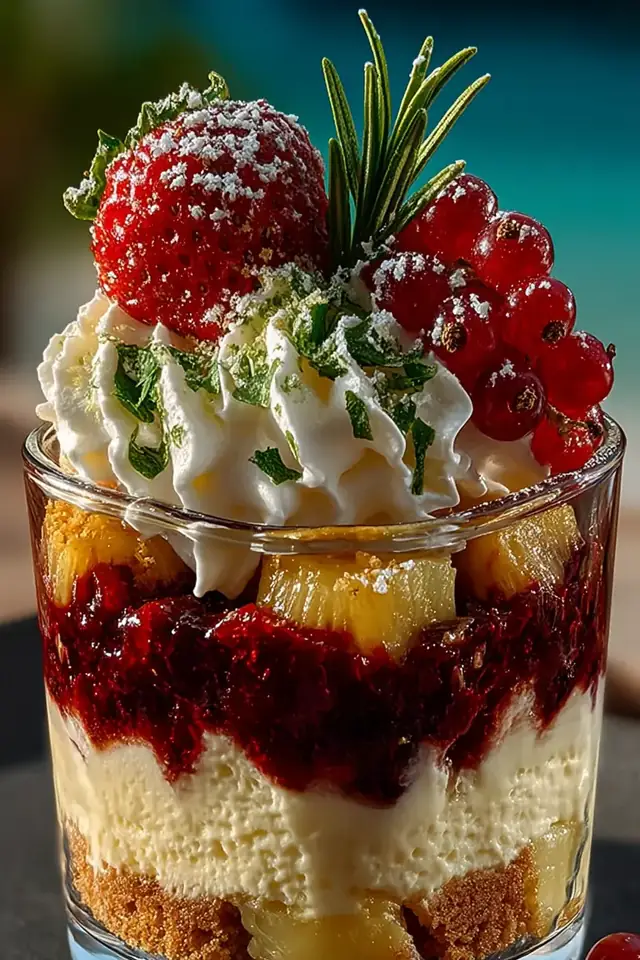 Close-up side view of layered Christmas trifle in a glass dish showing distinct layers of yellow sponge cake, cream pudding, deep red berries, and fluffy whipped cream topped with fresh rosemary sprigs