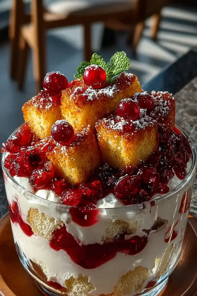Overhead view of completed Christmas trifle in a clear glass bowl showcasing all the beautiful layers, garnished with pomegranate arils and holiday greenery