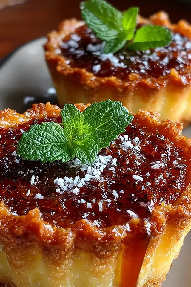 Close-up of warm butter tarts fresh from the oven, showing golden pastry shells and gooey caramel filling in a mini muffin tin