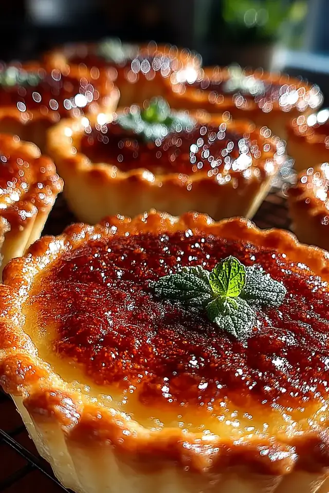 Overhead shot of a dozen freshly baked butter tarts cooling on a wire rack with autumn leaves nearby