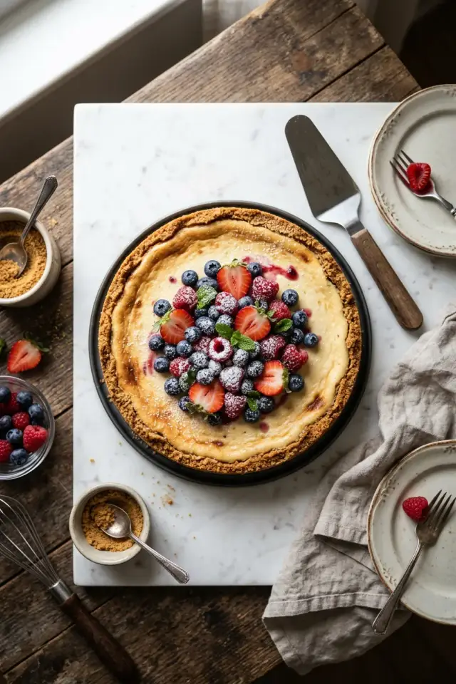 Slice of creamy classic cheesecake with graham cracker crust on a white plate